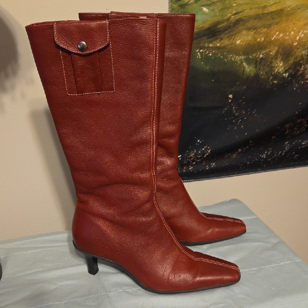 Red Leather Kitten Heel Boots